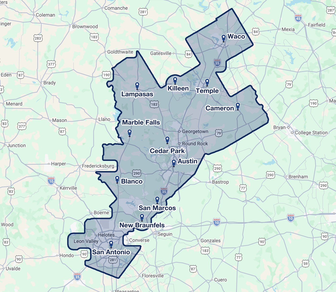 Rentals To Go service area map covering Central Texas from Waco to San Antonio